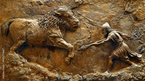 Looking down on Gilgamesh and Enkidu grappling with the Bull of Heaven, dusty plains , Ideogram photo