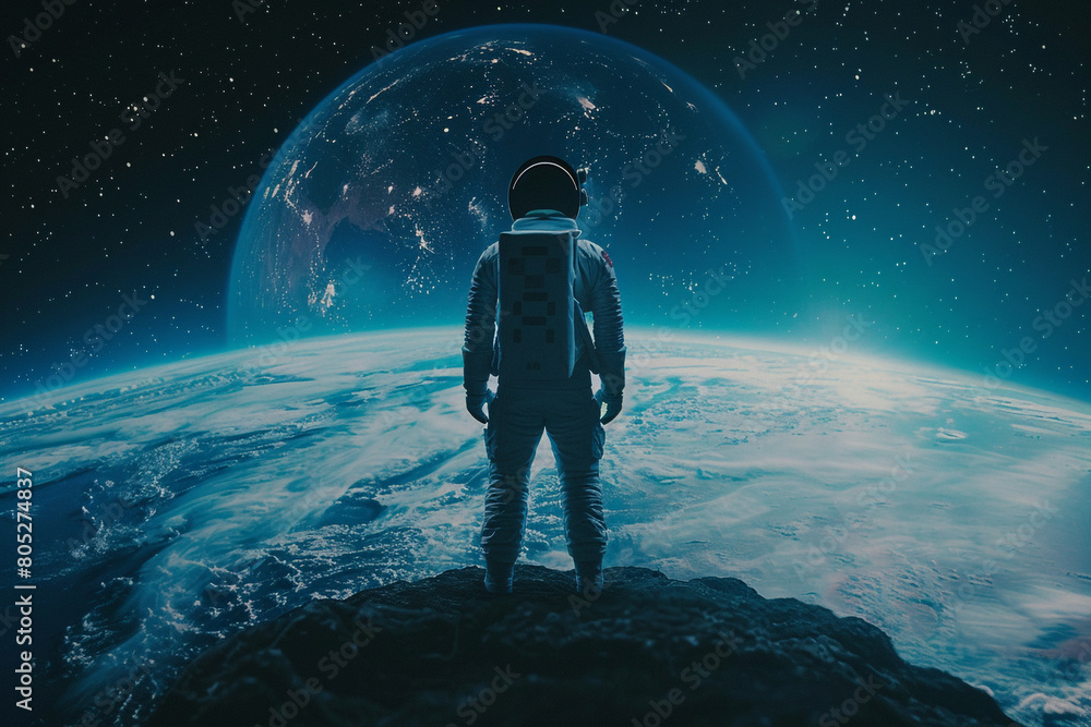 Fototapeta premium Solo astronaut gazing at Earth, illustrating the isolation and responsibility in leadership 