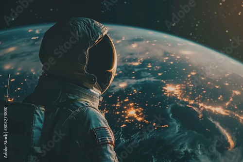 Solo astronaut gazing at Earth, illustrating the isolation and responsibility in leadership 