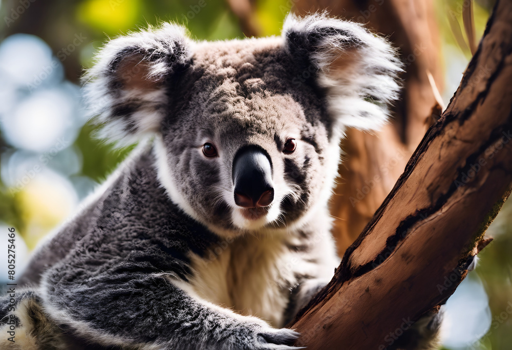 Naklejka premium Curious Koala Clinging to a Tree in a Lush Australian Eucalyptus Forest