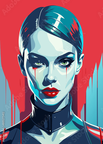Fashion editorial Concept. Closeup portrait of woman with red lipstick blood dripping from lips and bold dark makeup, covered in black latex rubber suit headgear on bright background. copy text space