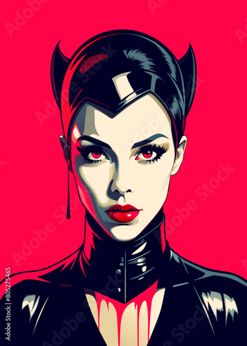 Fashion editorial Concept. Closeup portrait of woman with red lipstick blood dripping from lips and bold dark makeup, covered in black latex rubber suit headgear on bright background. copy text space