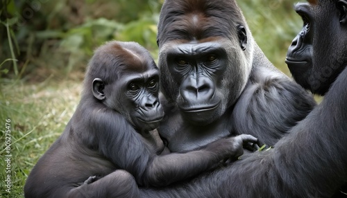 A Mother Gorilla Gently Grooming Her Babys Fur Wi 2