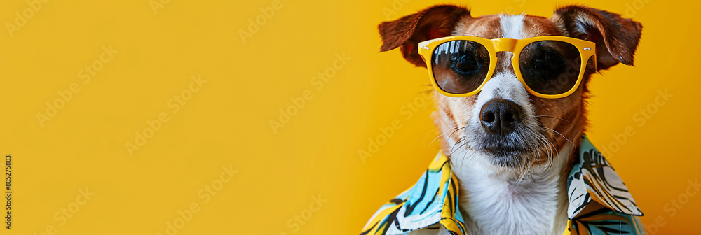 Dog wearing sunglasses and tropical shirt against yellow background. Studio pet portrait with summer vibes. Summer fun and vacation concept. Design for greeting card, banner, and poster