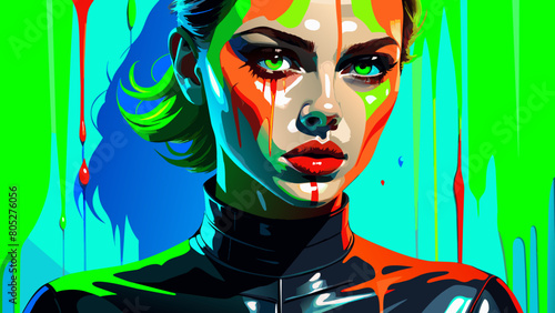Fashion editorial Concept. Closeup portrait of woman with red lipstick blood dripping from lips and bold dark makeup, covered in black latex rubber suit headgear on bright background. copy text space