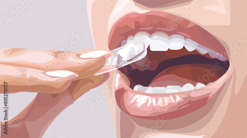 Woman putting occlusal splint in mouth on grey background photo