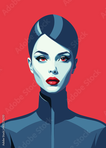 Fashion editorial Concept. Closeup portrait of woman with red lipstick blood dripping from lips and bold dark makeup, covered in black latex rubber suit headgear on bright background. copy text space