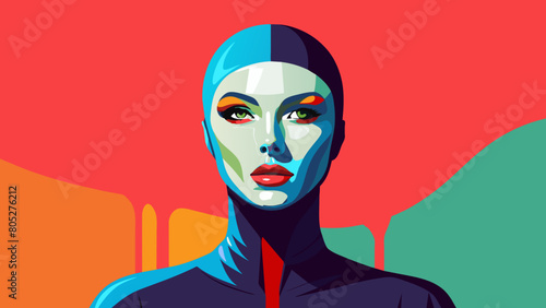Fashion editorial Concept. Closeup portrait of woman with red lipstick blood dripping from lips and bold dark makeup, covered in black latex rubber suit headgear on bright background. copy text space