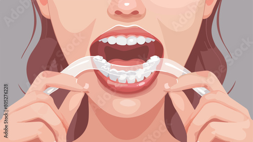 Woman putting occlusal splint in mouth on grey background photo
