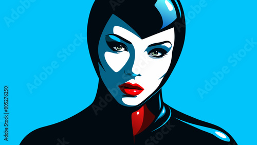 Fashion editorial Concept. Closeup portrait of woman with red lipstick blood dripping from lips and bold dark makeup, covered in black latex rubber suit headgear on bright background. copy text space