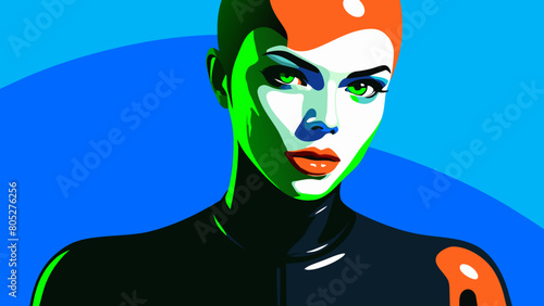 Fashion editorial Concept. Closeup portrait of woman with red lipstick blood dripping from lips and bold dark makeup, covered in black latex rubber suit headgear on bright background. copy text space