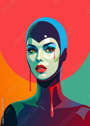 Fashion editorial Concept. Closeup portrait of woman with red lipstick blood dripping from lips and bold dark makeup, covered in black latex rubber suit headgear on bright background. copy text space