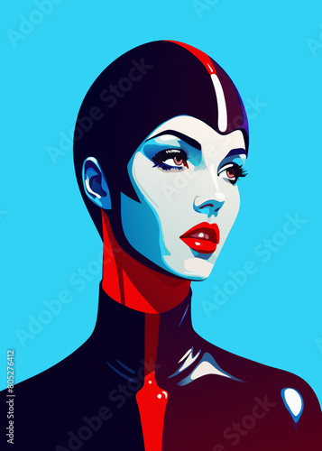 Fashion editorial Concept. Closeup portrait of woman with red lipstick blood dripping from lips and bold dark makeup, covered in black latex rubber suit headgear on bright background. copy text space