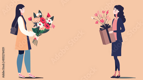 Woman receiving bouquet of flowers from courier vector