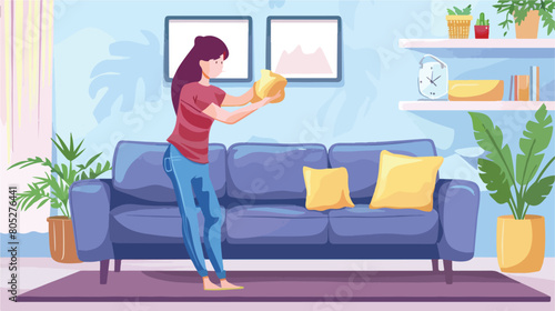 Woman removing dirt from sofa at home style vector