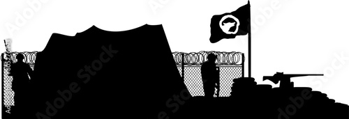 Vektor Silhouette - Militär Camp mit Soldaten - Einsatz Konflikt - Zelt mit Flagge und MG Stellung