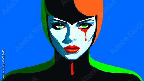 Fashion editorial Concept. Closeup portrait of woman with red lipstick blood dripping from lips and bold dark makeup, covered in black latex rubber suit headgear on bright background. copy text space