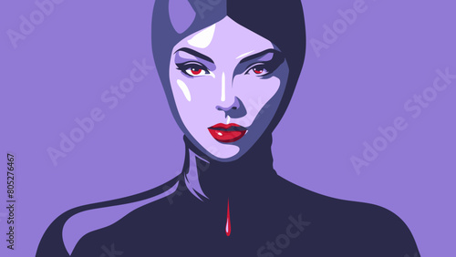 Fashion editorial Concept. Closeup portrait of woman with red lipstick blood dripping from lips and bold dark makeup, covered in black latex rubber suit headgear on bright background. copy text space