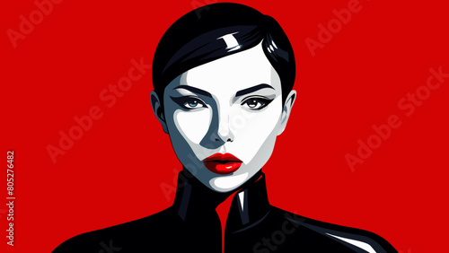 Fashion editorial Concept. Closeup portrait of woman with red lipstick blood dripping from lips and bold dark makeup, covered in black latex rubber suit headgear on bright background. copy text space