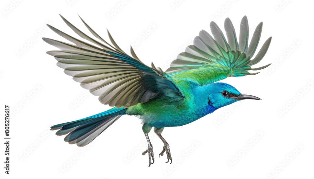 blue green bird flying isolated on transparent background cutout