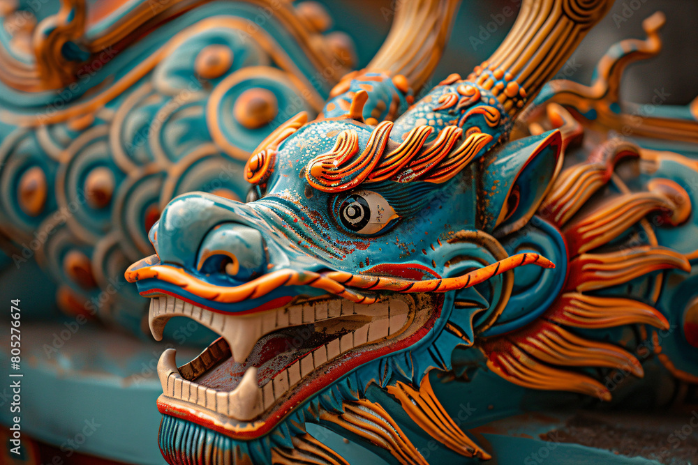 Decorative dragon boat head sculptures with intricate designs. Macro photography. Dragon Boat Festival and Chinese culture concept. Design for cultural event poster, print, and decoratio
