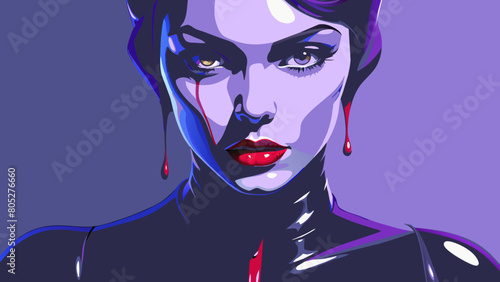 Fashion editorial Concept. Closeup portrait of woman with red lipstick blood dripping from lips and bold dark makeup, covered in black latex rubber suit headgear on bright background. copy text space