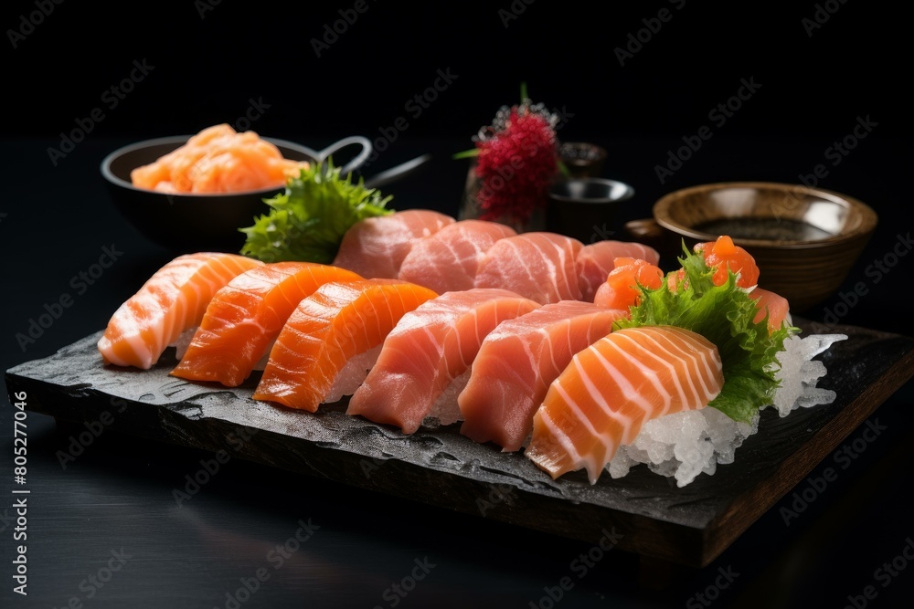 Thin-sliced Set sashimi sushi. Dinner food. Generate Ai Thin-sliced Set sashimi sushi. Dinner food. Generate Ai