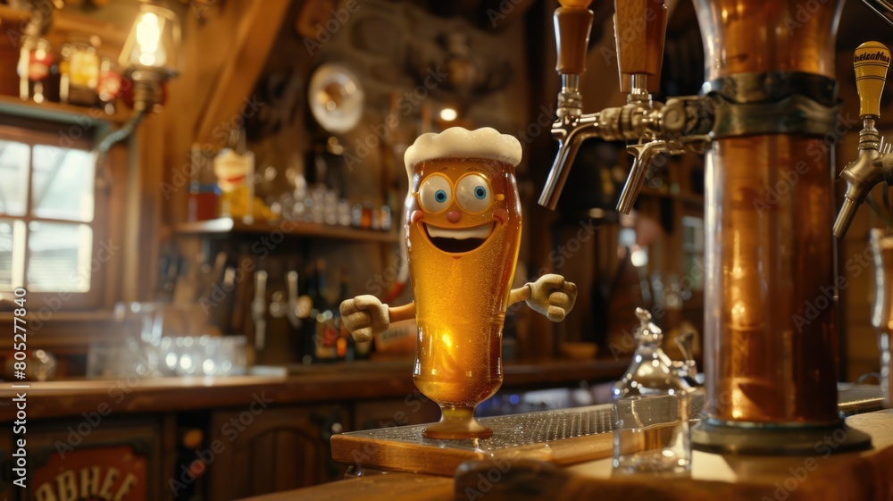 whimsical beer glass with human-like arms, standing at a classic draft beer tap. The glass, sporting a cheerful and slightly mischievous expression,