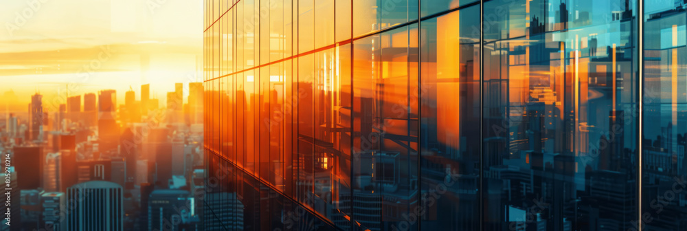 A modern city skyline with skyscrapers and office buildings at sunset ...