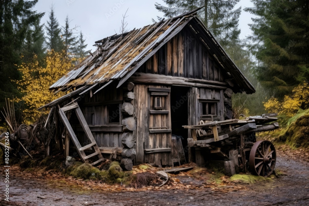 Simple Shack wooden old pallets. Nature summer natural made poor home. Generate Ai Simple Shack wooden old pallets. Nature summer natural made poor home. Generate Ai