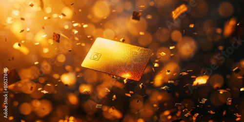A golden credit card flies in the air, surrounded by falling gold metal pieces against a dark gradient backdrop with soft lighting and a blurred effect. photo
