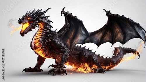 a black dragon with orange wings breathing fire. © Muhammad