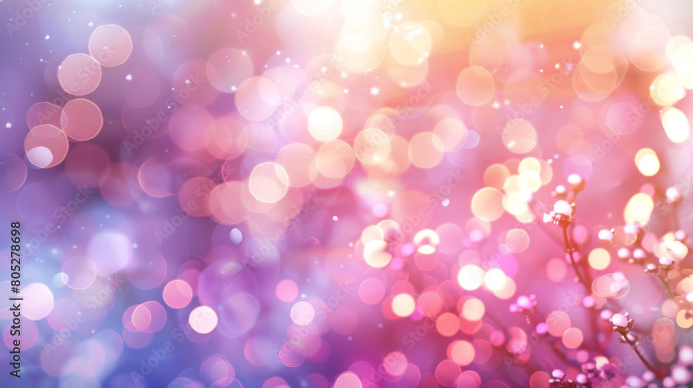 A blurred background with bokeh lights creates a joyful and celebratory atmosphere for the New Year holiday, enhanced by soft pastel colors and light effects.