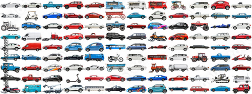 108 cars and various vehicles set of sedan, sports car, super car, bus, electric car, race car and other motor vehicles, many car photo collection set on isolated background AIG44 © Summit Art Creations