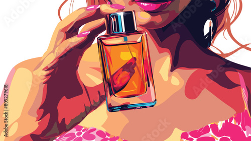 Woman with beautiful manicure holding bottle of perfume 