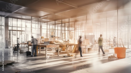 workers blurred office interior construction