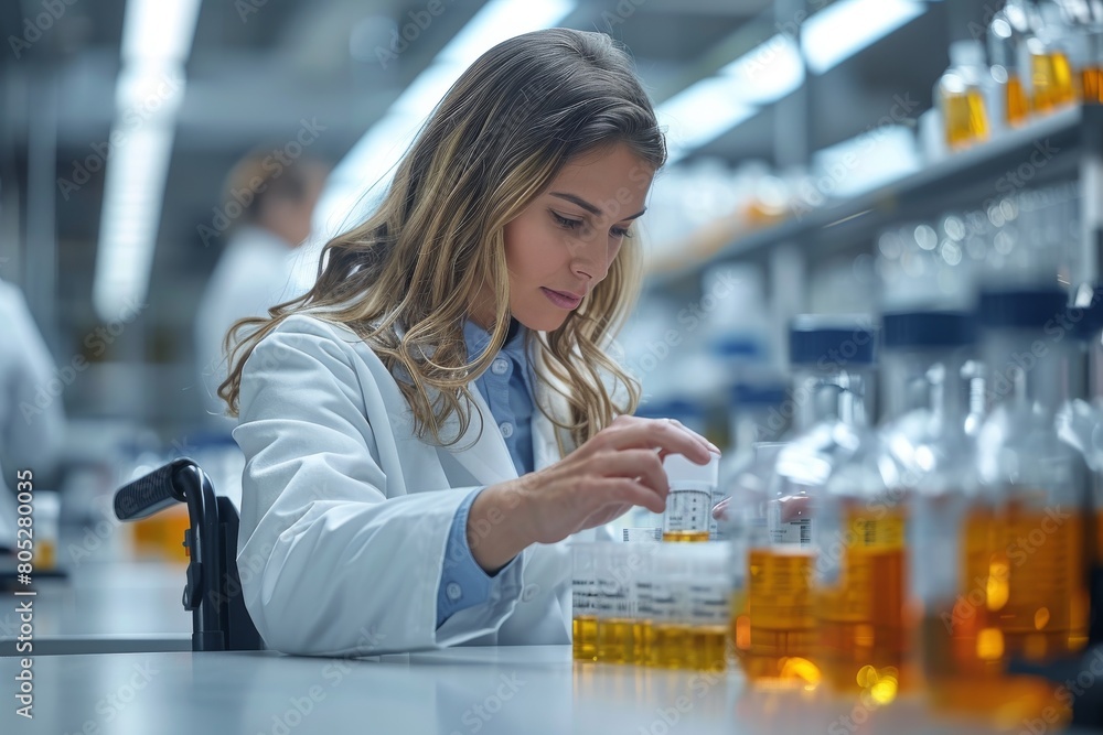 Female scientist in white lab coat examines chemical samples in a laboratory setting Female scientist in white lab coat examines chemical samples in a laboratory setting