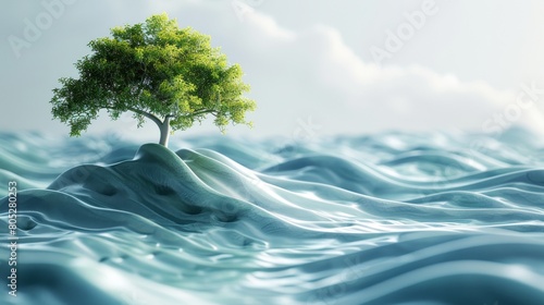 A tree is growing on a rocky shore in the ocean