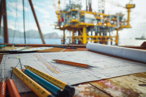 Technical drawing spread on a table with a marine reservoir in the background, highlighting the planning phase of drilling 