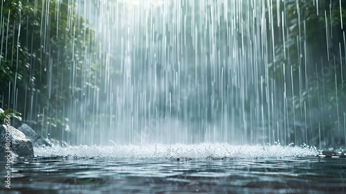 A waterfall is pouring rain over a rock