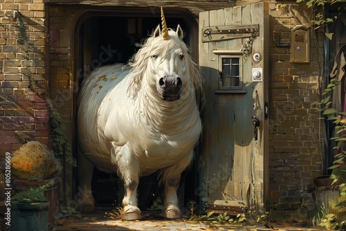 A funny, fat unicorn gets stuck in a doorway in a digital painting, much to its embarrassment 8K , high-resolution, ultra HD,up32K HD