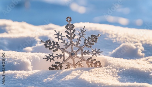 festive winter snow background with snowdrifts silver decorative snowflake with beautiful light and snow flakes on blue sky banner format generative ai © Gaven