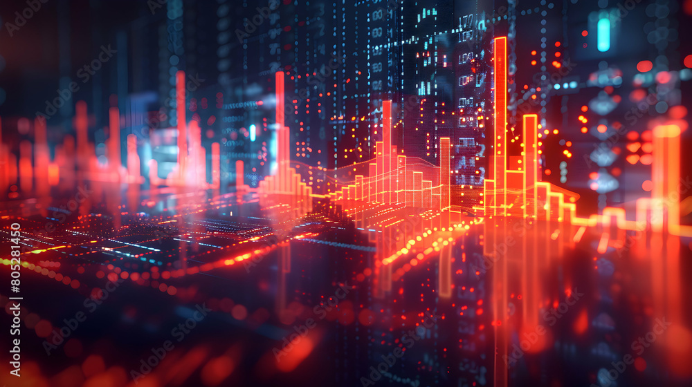 Abstract digital elements intertwining with financial graphs in a Tech Finance Fusion, depicting financial growth and innovation