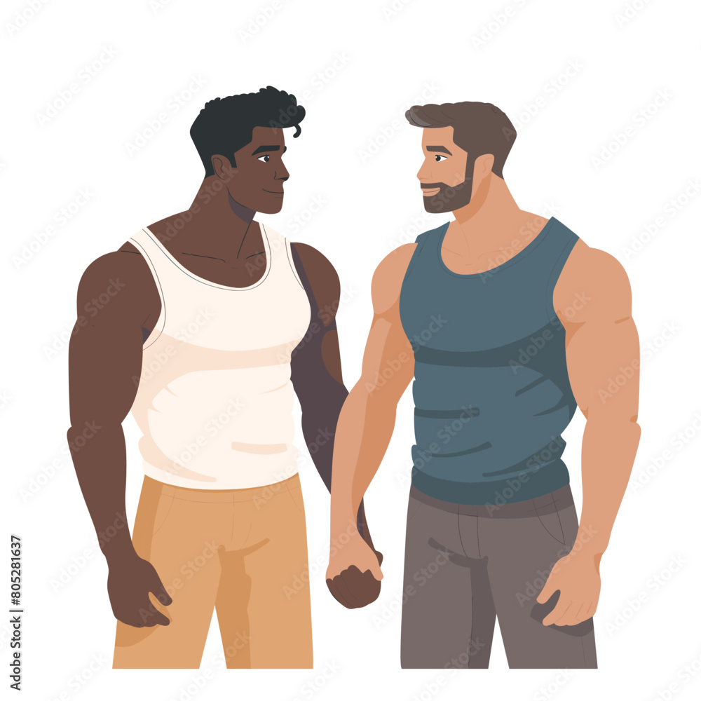Two men standing face face, one African American wearing white tank top, Caucasian beard wearing blue tank top. Both muscular, smiling, casual clothing appearing friends athletes, background plain Two men standing face face, one African American wearing white tank top, Caucasian beard wearing blue tank top. Both muscular, smiling, casual clothing appearing friends athletes, background plain