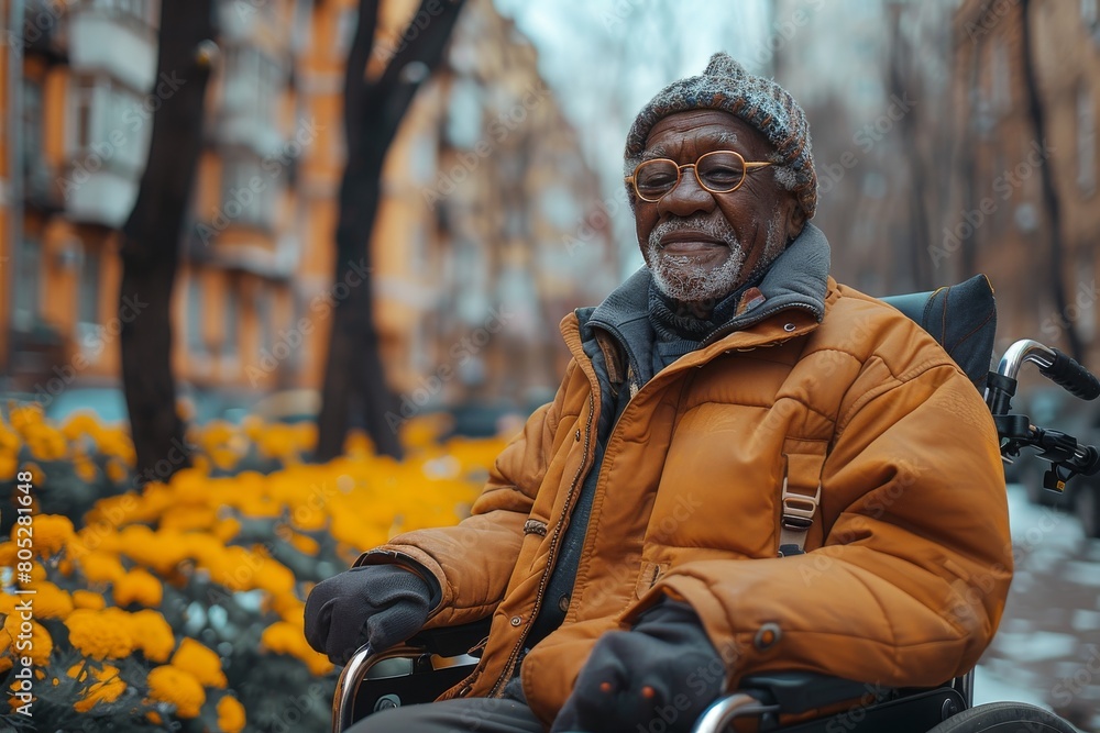 Fototapeta premium Elderly man in a wheelchair enjoying a day among yellow flowers