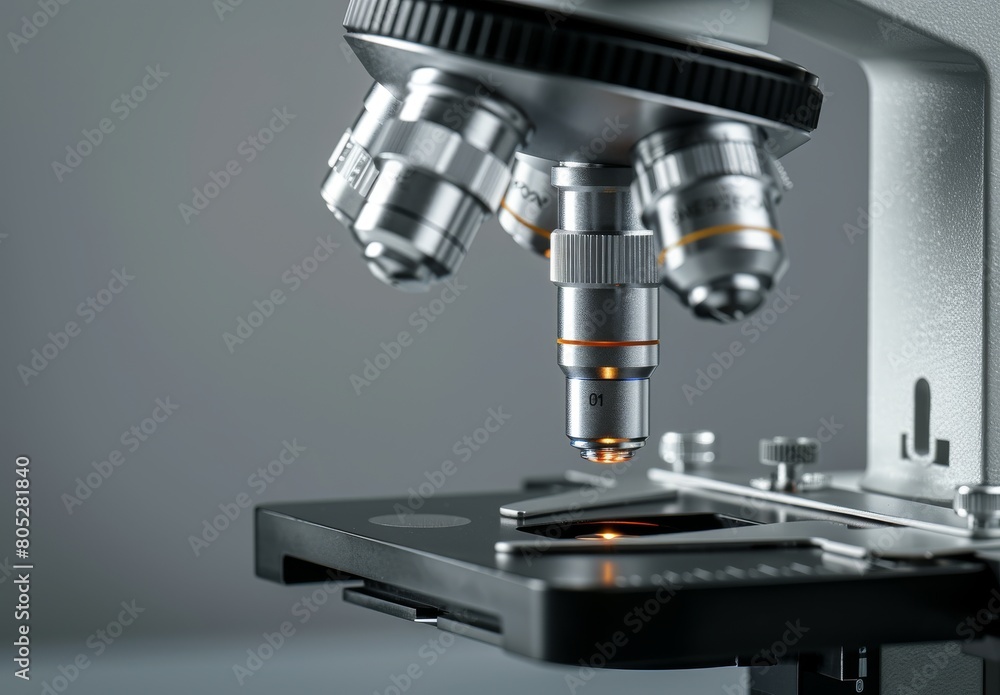 Microscope with metal lens in lab, close-up shot Microscope with metal lens in lab, close-up shot
