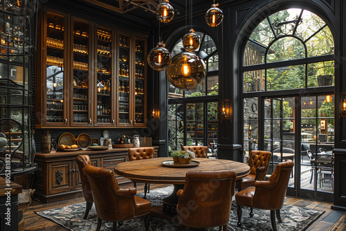 A round wooden dining table surrounded by high-back chairs, softly lit by a cluster of pendant lights, casting a warm and cozy glow over the intimate dining space.