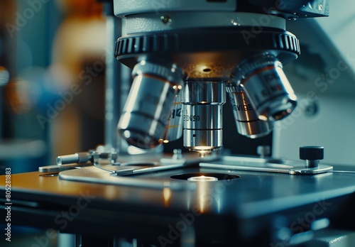 Microscope with metal lens in lab, close-up shot