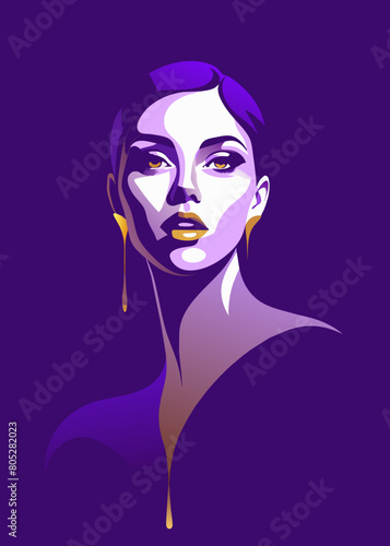 Fashion Concept. Closeup portrait of stunning beautiful woman girl portrait in gold paint liquid. illuminated with dynamic composition. sensual, mysterious, advertisement, magazine, dark. copy space