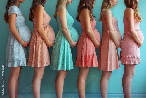 Line of pregnant women in various pastel colored dresses standing side by side against a blue background photo